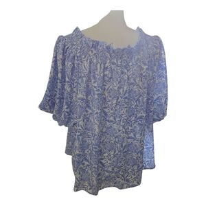 CeCe Floral Print Blouse in Blue and White